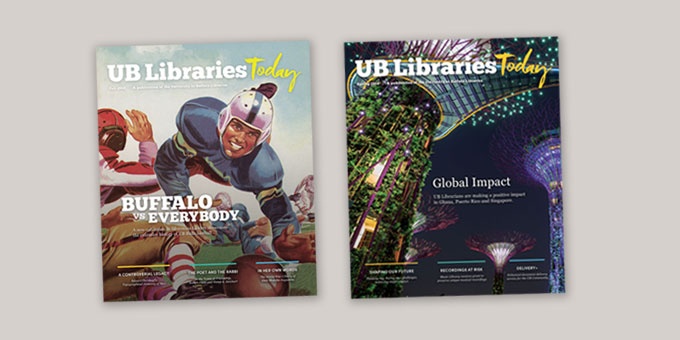 Picture of the UB Libraries Today magazines spread on a table. 