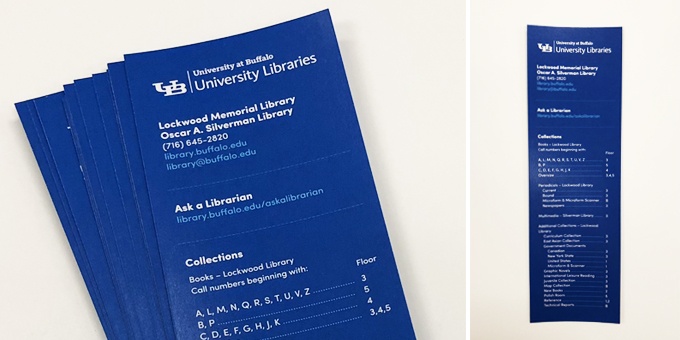 Picture of the UB Libraries bookmarks spread on a table. 