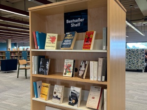 Bestsellers featured on the Bestseller Shelf in Lockwood Library.