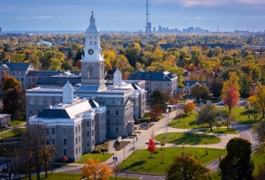 Overhead view of the Hayes Hall building and lawn. 