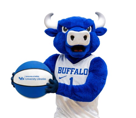 Victor e. bull with a basketball.