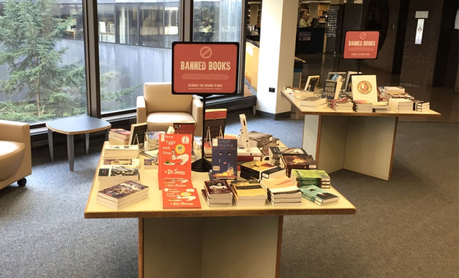 Banned Books display in Lockwood Memorial Library. 