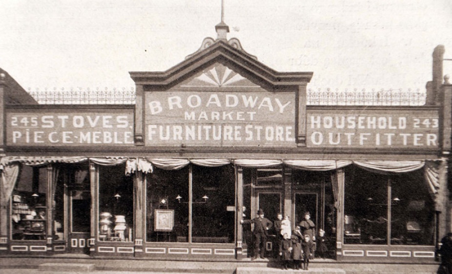 In black and white, Broadway Market furniture store. 