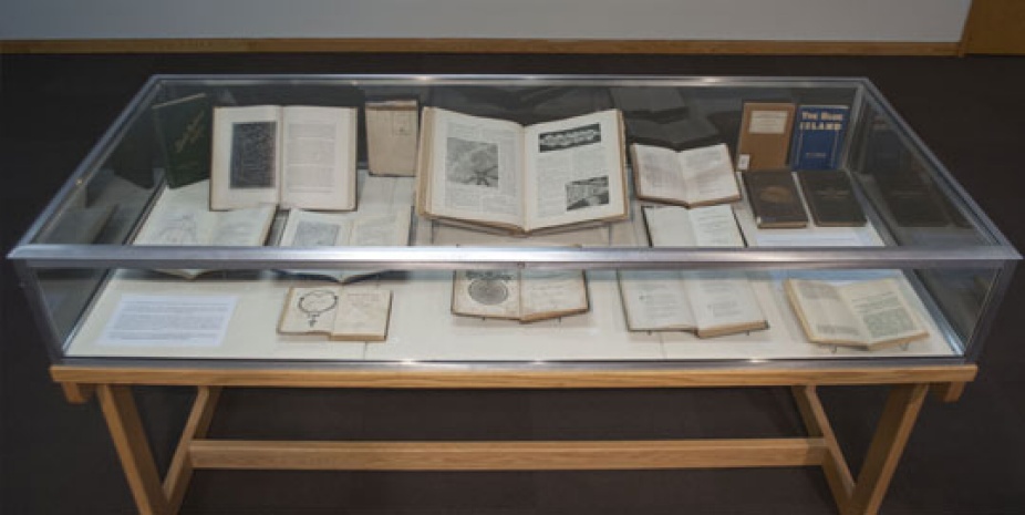 Display case with books inside. 