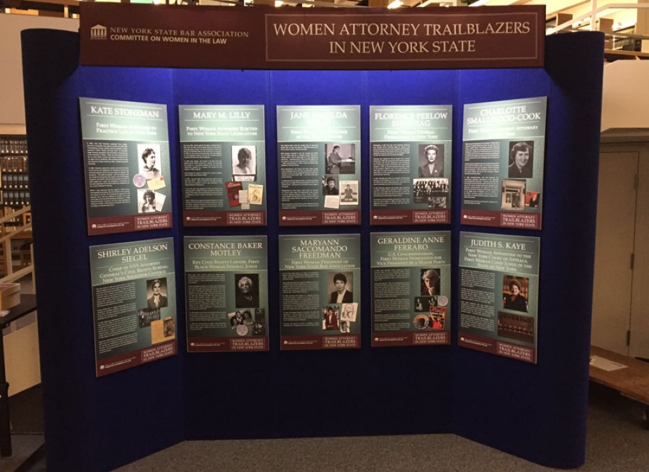 Women Attorney Trailblazers in New York State exhibit, featuring ten different women. 