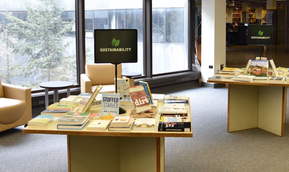 Sustainability book display in Lockwood Library. 