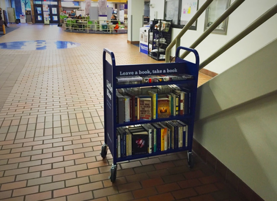 The Little Blue Book Cart on the ground floor of Capen Hall by the Capen Cafe.