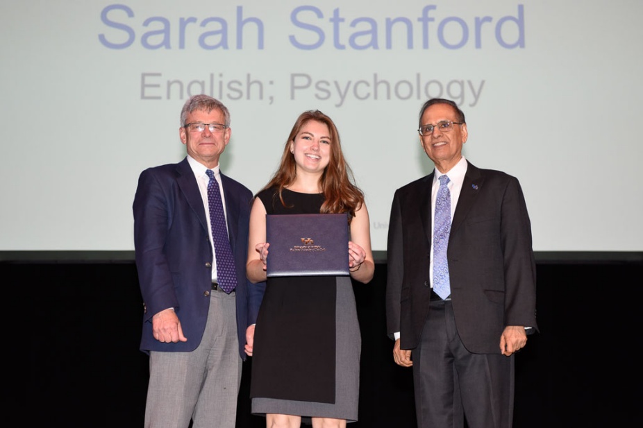 Sarah Stanford with UB Provost Charles F. Zukoski (left) and UB President Satish K. Tripathi (right).