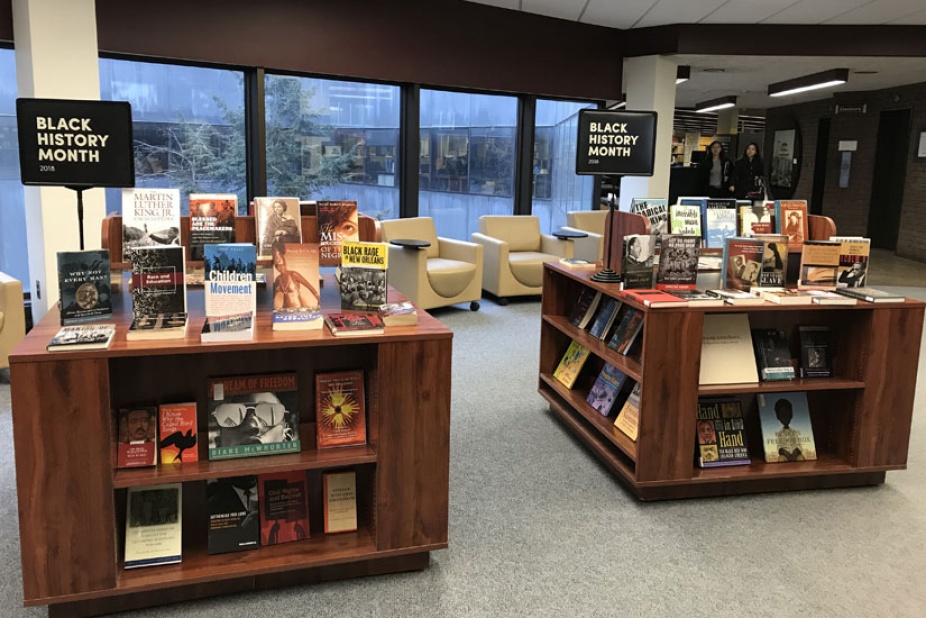 Photo of the Black History Month book displays in Lockwood Library.