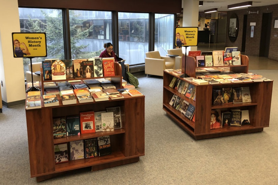 Photo of the Women's History Month book displays in Lockwood Library. 