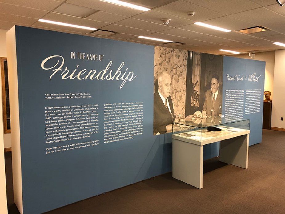 Photo of the n the Name of Friendship: Robert Frost & Victor E. Reichert exhibition in Special Collections. 