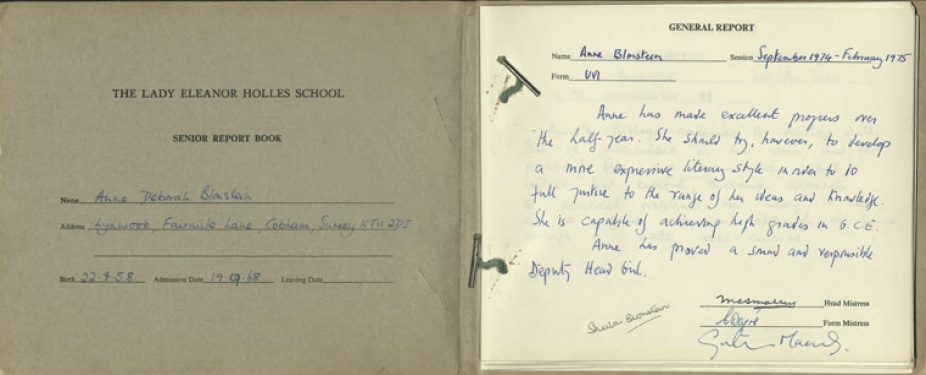 Fig. 3. Opening pages from The Lady Eleanor Holles Senior Report Book, 1975, Carton 15, PCMS-0089, Anne Blonstein Collection, 1975-2011, The Poetry Collection of the University Libraries, University at Buffalo, The State University of New York. 