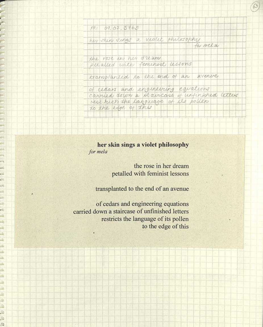 Fig. 16. “her skin sings a violet philosophy,” from Mistress of the Crazy Chromosome (yellow cancer notebook), 2009, Carton 11, PCMS-0089, Anne Blonstein Collection, 1975-2011, The Poetry Collection of the University Libraries, University at Buffalo, The State University of New York. 