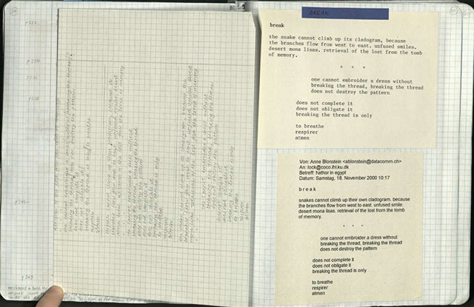 Fig. 10. “Egyptian Magic cont’d.,” from the notebook for the blue pearl, 2000, Carton 10, PCMS-0089, Anne Blonstein Collection, 1975-2011, The Poetry Collection of the University Libraries, University at Buffalo, The State University of New York. 