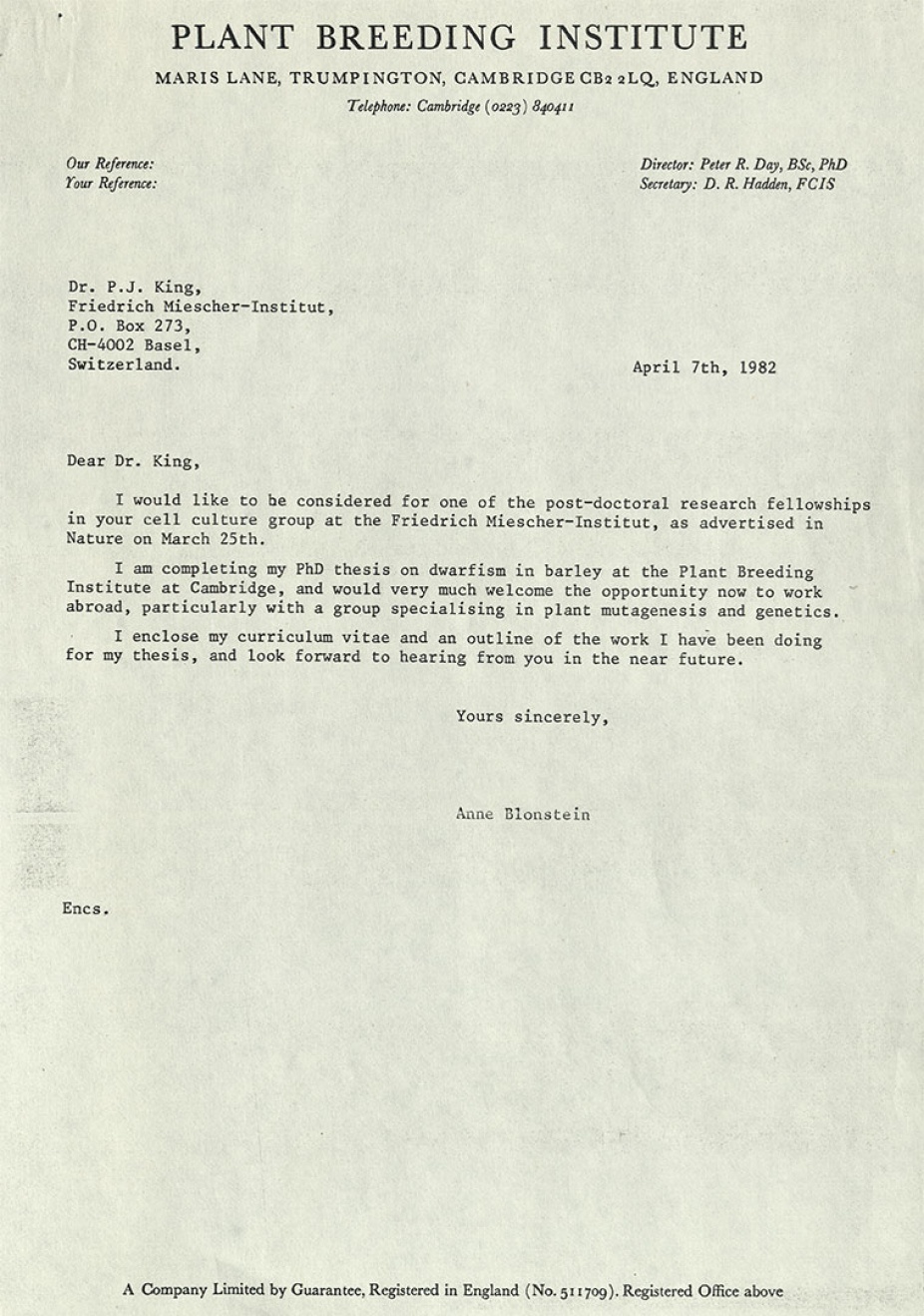 Fig. 8. Anne Blonstein’s letter of application to the Friedrich Meischer-Institut (FMI), 1982, Carton 15, PCMS-0089, Anne Blonstein Collection, 1975-2011, The Poetry Collection of the University Libraries, University at Buffalo, The State University of New York. 
