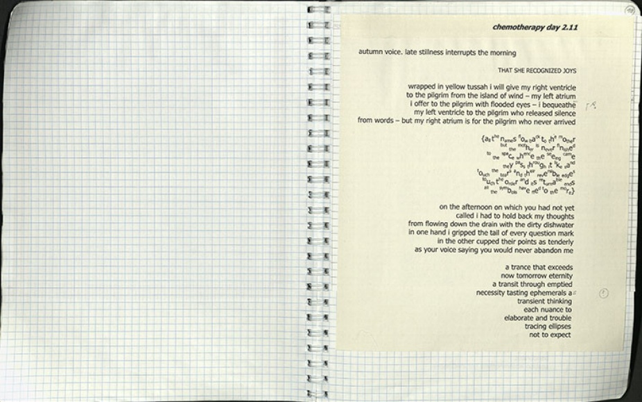 Fig. 15. “chemotherapy day 2.11,” from the notebook Figo C III (pink cancer notebook), ca. 2009, Carton 11, PCMS-0089, Anne Blonstein Collection, 1975-2011, The Poetry Collection of the University Libraries, University at Buffalo, The State University of New York. 
