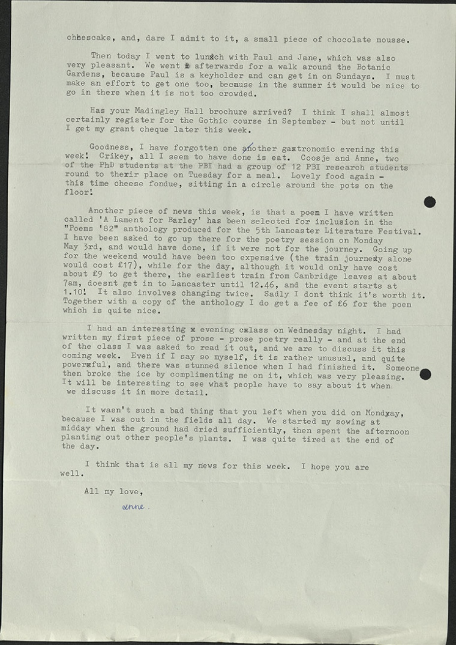 Figs. 4 and 5. Letters from Anne Blonstein to Sheila Blonstein, 1977 and 1982, Carton 2, PCMS-0089, Anne Blonstein Collection, 1975-2011, The Poetry Collection of the University Libraries, University at Buffalo, The State University of New York. 