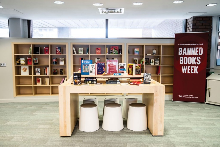 Banned Books Week book display in the second floor lobby of Lockwood Library. 