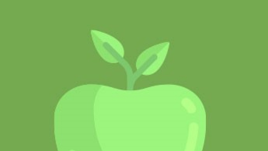 Photo of a light green apple over a darker green background. 