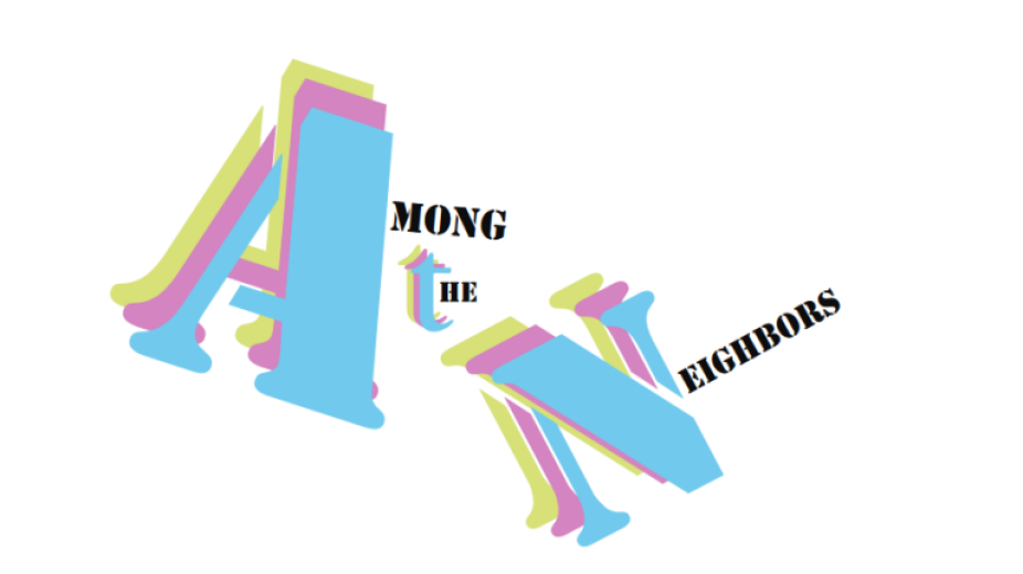 "Among the Neighors" in a bold and colorful font. 