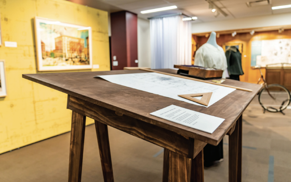 Architect’s drafting table, square, and t-square. 