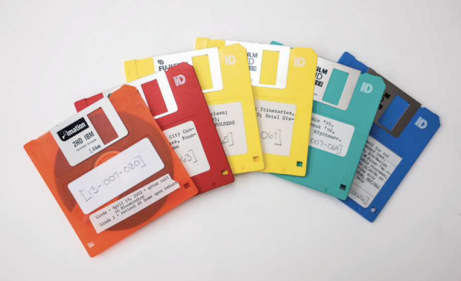 Flat lay of colorful floppy disks. 