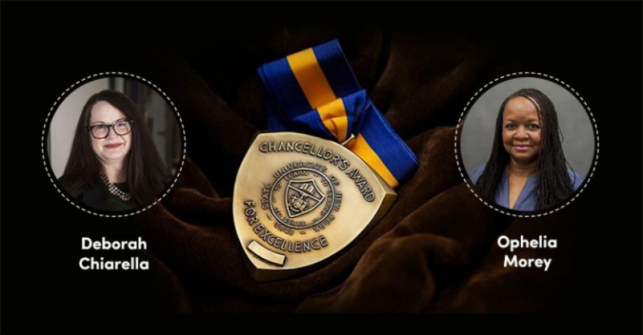 Graphic with headshots of Deborah Chiarella and Ophelia Morey with the SUNY Chancellor’s Award for Excellence medal. 
