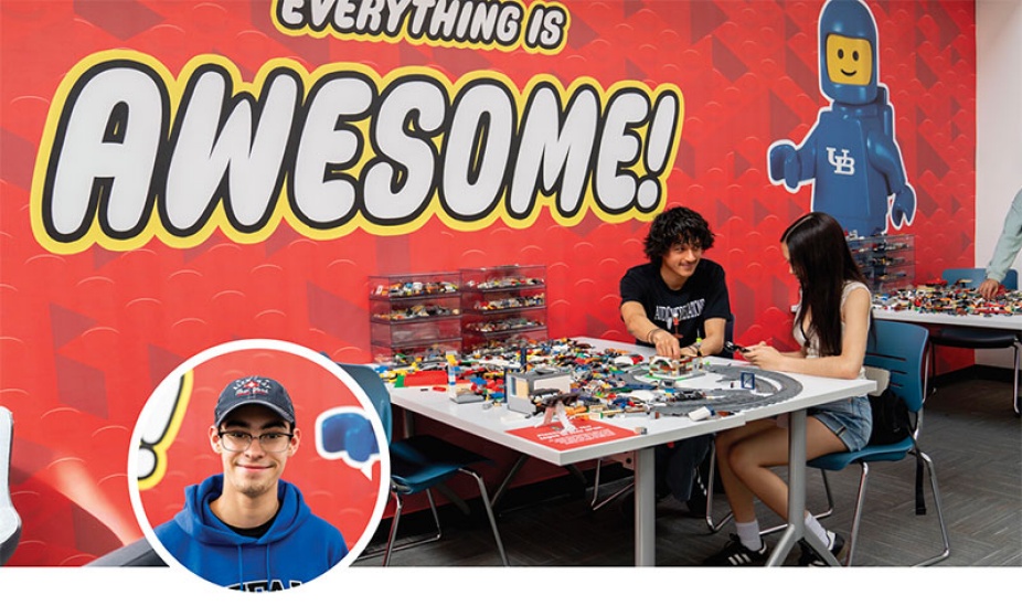 Students build with legos in the Silverman Library lego area. 