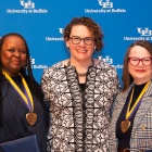 Ophelia Morey, Evviva Weinraub Lajoie, and Deborah Chiarella pose for a photo at the 22nd annual Celebration of Faculty and Staff Academic Excellence. 