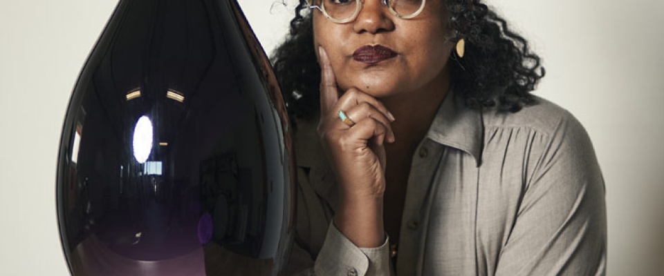 crystal campbell with her blown glass artwork. 