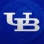 White UB logo over blue background. 