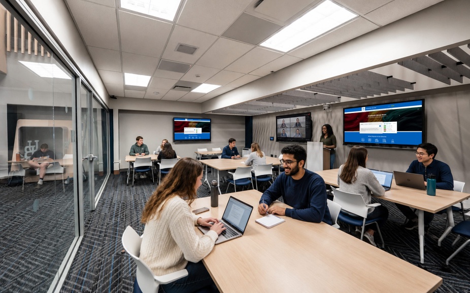 UB community members collaborate in a newly designed meeting space. 