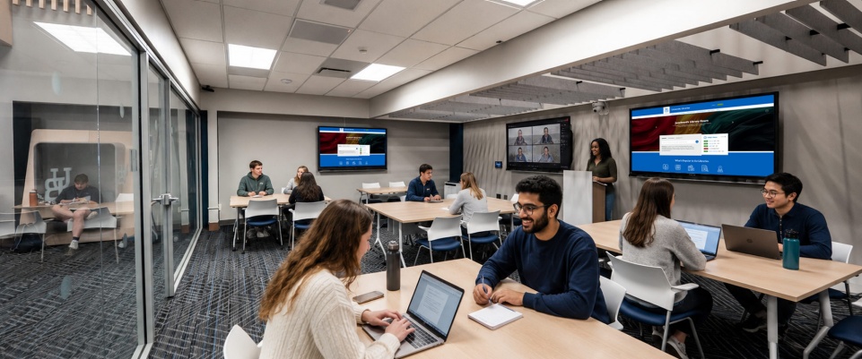 UB community members collaborate in a newly designed meeting space. 