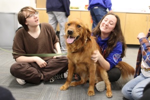 Samwise visits with students during Stress Relief Days in Silverman Library. 