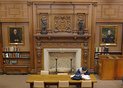another photo of carved fireplace mantle, Austin Flint Reading Room, HSL circa 2003
