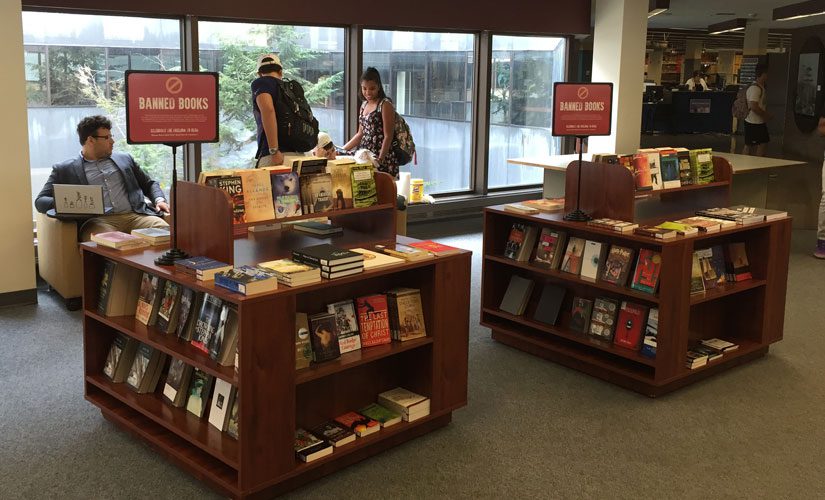 Banned Books exhibit in Lockwood Memorial Library
