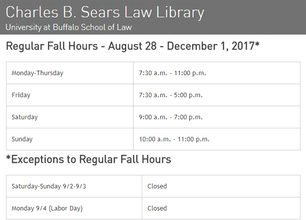 Screen shot of library hours August to December 2017