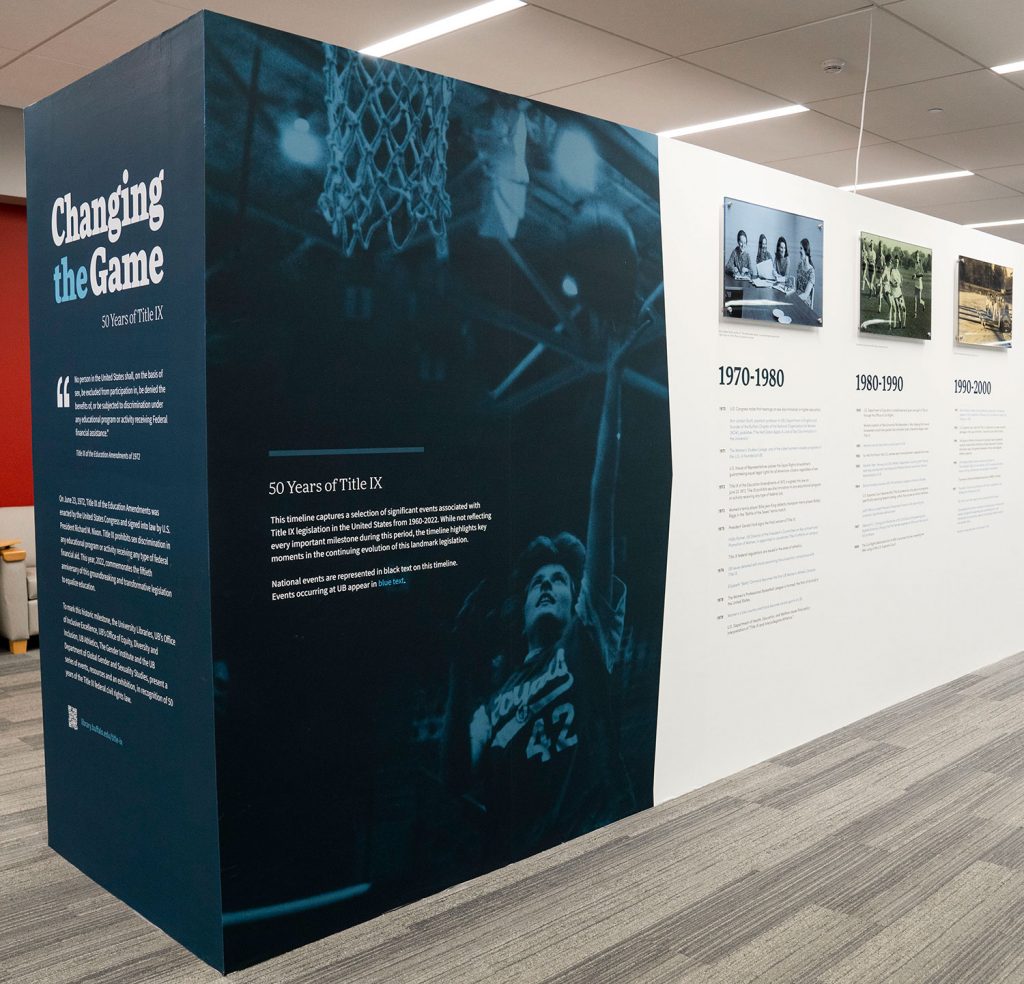 Image of the “Changing the Game: 50 Years of Title IX” exhibtion in the Silverman Library, 3rd floor