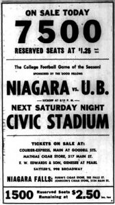 Ad for Niagara at U B at Civic Stadium