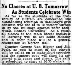 Newspaper clipping: No classes at U B tomorrow as students celebrate win