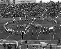 Peace symbol formed by marching band